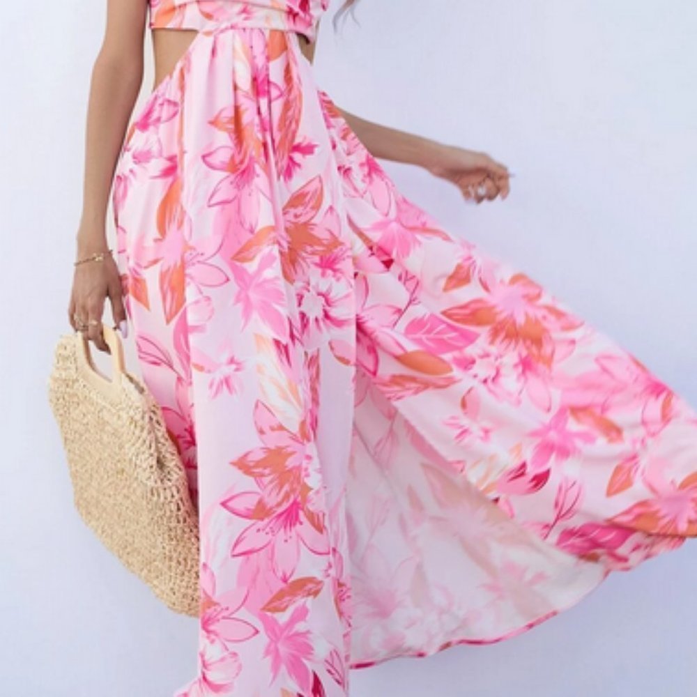 Floral print slit thigh cutout waist backless Maxi dress - Picture 8 of 8